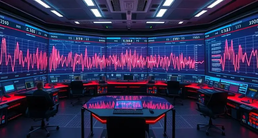 A futuristic AI lab where sound waves are analyzed on large digital screens, representing voice data collection.