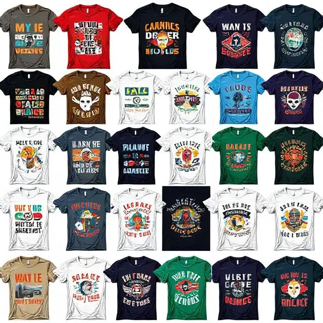 Multiple custom-designed T-shirts displayed in a grid format, showcasing a variety of AI-generated designs with different themes, colors, and styles. Include unique designs like humorous quotes, abstract patterns, and graphic elements.
