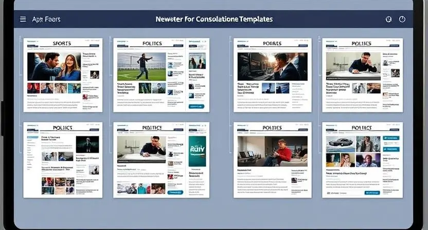 "A set of customizable templates on a screen, each labeled with different news genres (sports, politics, technology, entertainment). Visualize how the AI adapts its content generation based on the selected template, with corresponding articles for each genre."