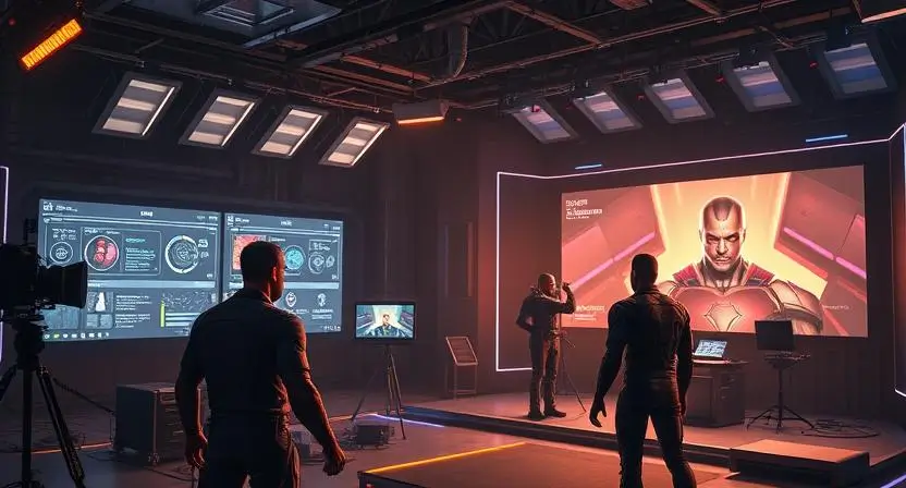 "Generate an image of a futuristic film set where AI is assisting in the creation of superheroes for a movie, with AI-driven tools displayed on screens and characters being rendered digitally."