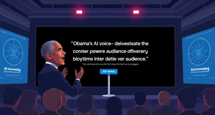 "Illustrate a digital advertisement with Obama’s AI voice delivering a message to an audience, with visual elements of branding and a marketing campaign that reflects the use of AI voice technology."
