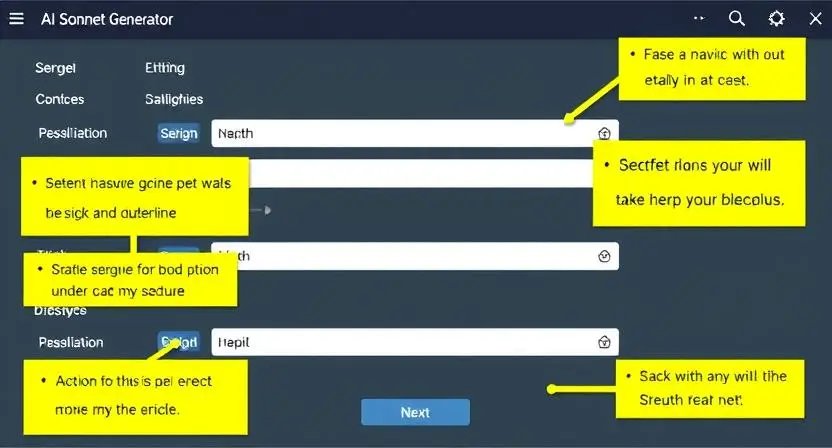 A screenshot of a clean and intuitive AI sonnet generator interface, highlighting easy-to-navigate buttons and input fields.