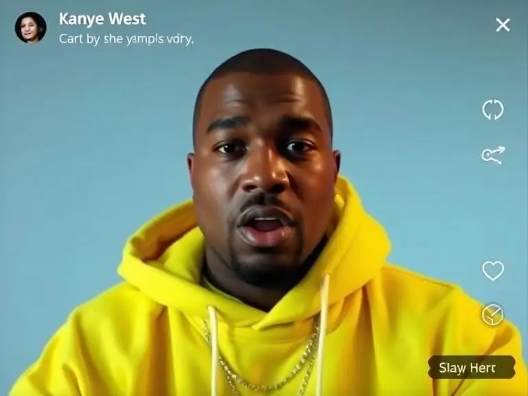 A screenshot of a lip-sync video featuring Kanye West’s AI voice, with a user performing the lip-sync and applying fun effects.