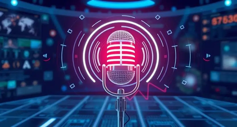 A futuristic AI-powered microphone emitting sound waves in a digital environment, symbolizing AI voice generation.