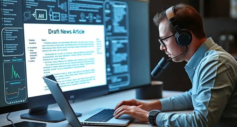 "An image depicting a journalist working with an AI tool, generating a draft news article while the journalist reviews and edits the content on a laptop. Show a combination of human and machine collaboration."