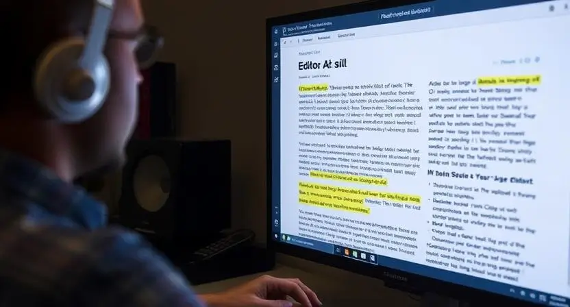 "An image of an editor reviewing an AI-generated article on a screen, highlighting areas that require fact-checking or contextual editing."