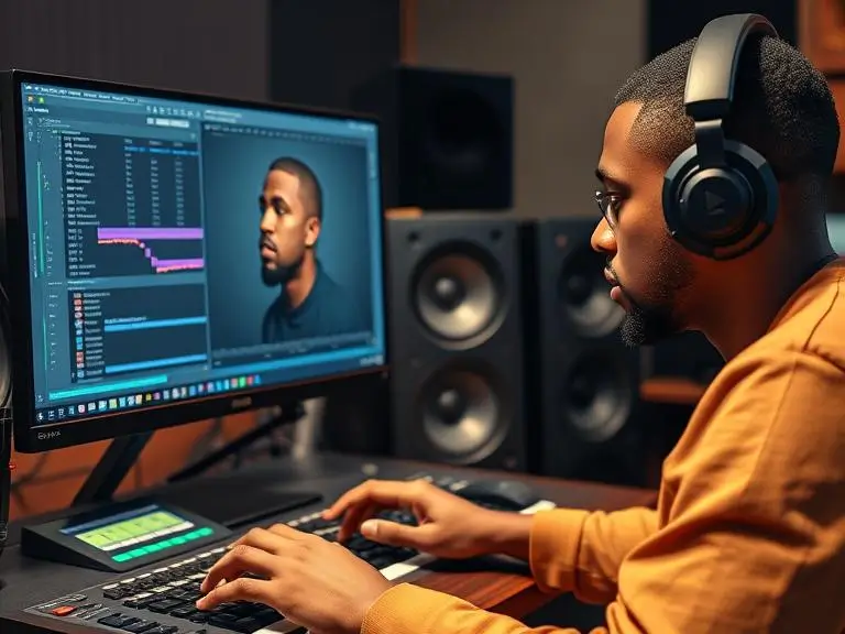 An image of a producer working with AI-generated Kanye West voice on a computer screen, showcasing creative possibilities in a music studio setting.