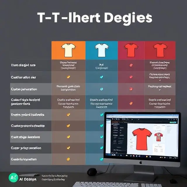 An image showing a comparison chart of various AI T-shirt design tools, highlighting their ease of use, pricing options, and customization features. Include a user-friendly interface on a desktop screen showcasing an AI design generator in action.
