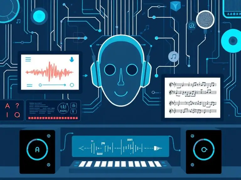 An illustration of AI tools being used in music production, showcasing voice synthesis and music composition software.