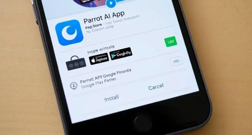 A smartphone screen displaying the Parrot AI App installation page on the App Store/Google Play Store, with a user clicking the "Install" button.