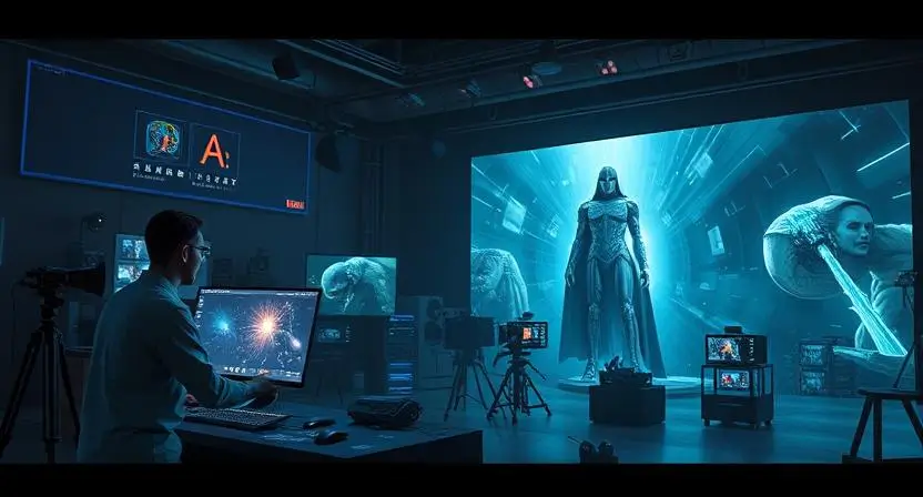 Create an image of an entertainment studio using Niji AI to generate concept art for a movie or video game. The image should show an artist working with the AI to bring characters and scenes to life.