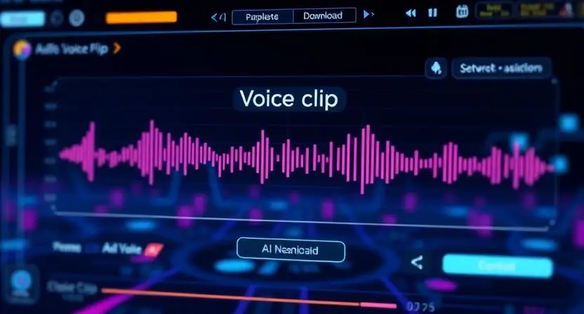 A futuristic AI interface showing an audio waveform of an AI-generated voice clip being downloaded for use.
