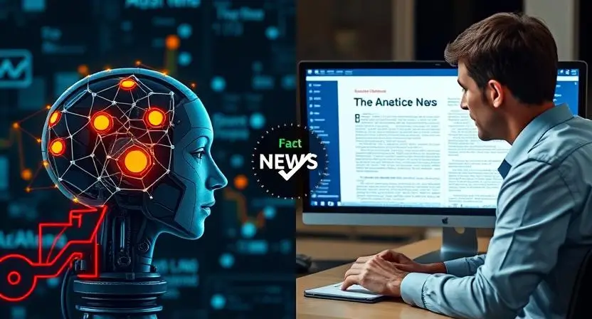 "A split image showing AI generating a news article on one side, with a human editor reviewing the article for accuracy on the other. Include visual elements like a 'fact-check' stamp and a monitor showing data analysis in the process."