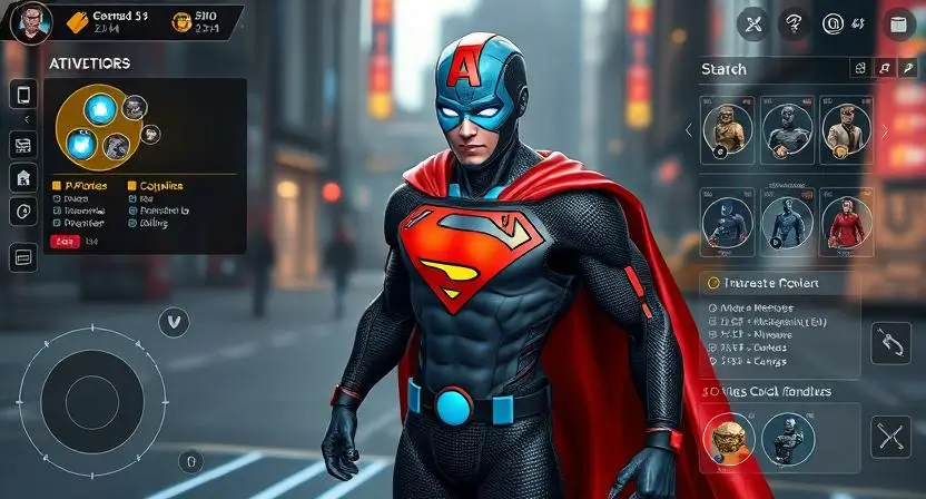 "Generate an image of an AI-generated superhero in a real-time interactive gaming environment, showcasing customizable features such as powers, clothing, and abilities."