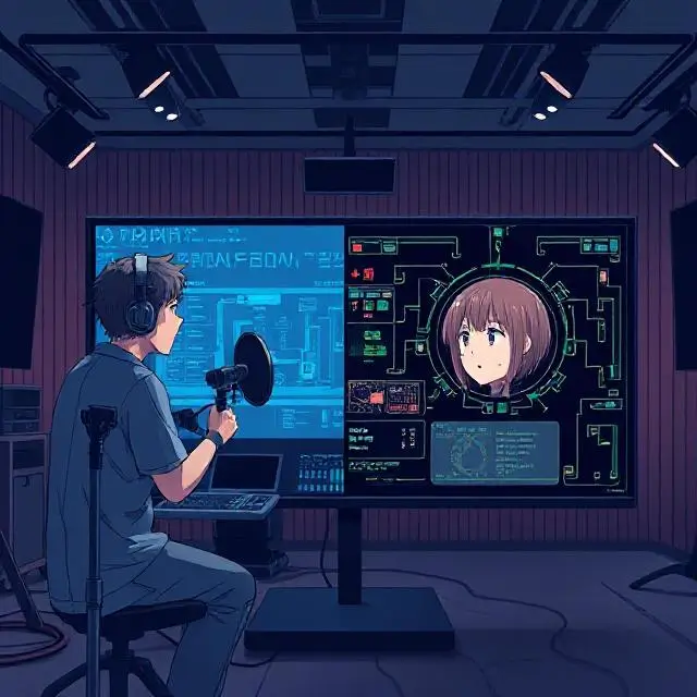"An artistic representation of an AI system generating anime character voices, with a split screen showing a human voice actor recording in a studio on one side and the AI interface on the other. The image should emphasize the ethical considerations of using AI, highlighting the impact on human voice actors."