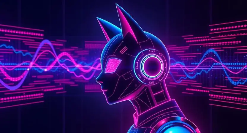 A futuristic AI-driven soundwave with a digital profile of Pokimane’s voice being generated through machine learning algorithms.