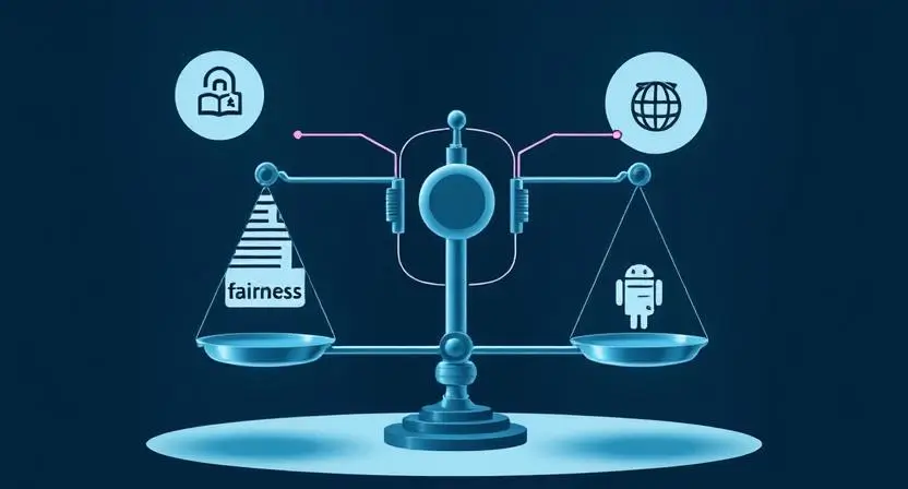 "A visual metaphor for ethics in AI journalism, showing an AI system balancing scales with 'fairness' and 'bias.' Include icons or symbols for privacy, neutrality, and bias correction, with an image of a journalist overseeing the AI process."