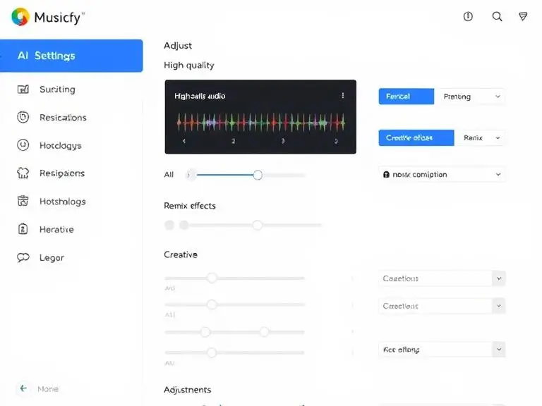 An image showing a user adjusting the AI settings on Musicfy, with visual cues for high-quality audio, remix effects, and creative adjustments.
