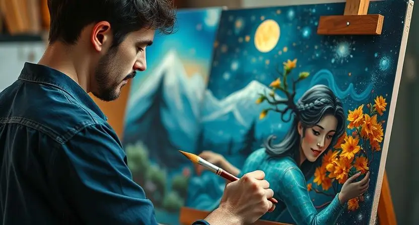Generate an image of an artist blending traditional painting techniques with AI-generated artwork, illustrating how AI art can be used alongside human creativity to produce unique pieces.