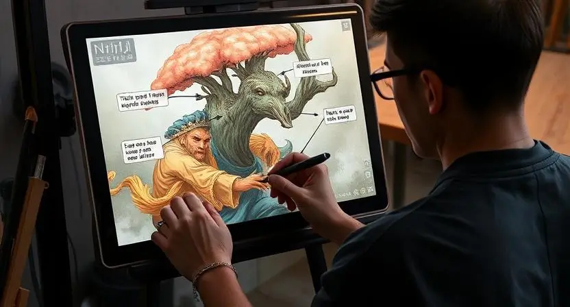 Generate an image showing an artist working with Niji AI Art on a digital tablet, where the AI is suggesting adjustments in texture, lighting, and shadow to enhance the artwork in real-time. The artist should be interacting with the AI to fine-tune the piece.