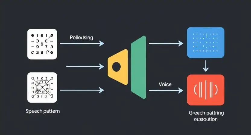 "Illustrate a diagram of a deep learning model with speech data processing elements, showcasing the steps of training AI for voice synthesis, with emphasis on speech pattern recognition and voice creation."