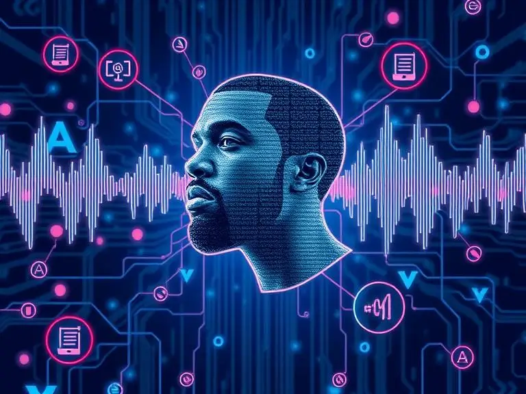 An illustration of a neural network analyzing Kanye West’s voice data with digital sound waves and AI processing icons around the model.