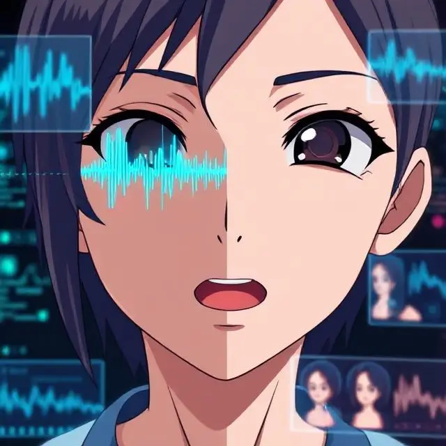 "A close-up of an AI system creating different emotional expressions for an anime character. The image should show the voice waveform of the AI-generated speech and a side-by-side comparison of how the character’s voice changes with emotional input. The setting should convey a sense of technological innovation, with digital screens showing real-time adjustments in the character's voice tone and mood."