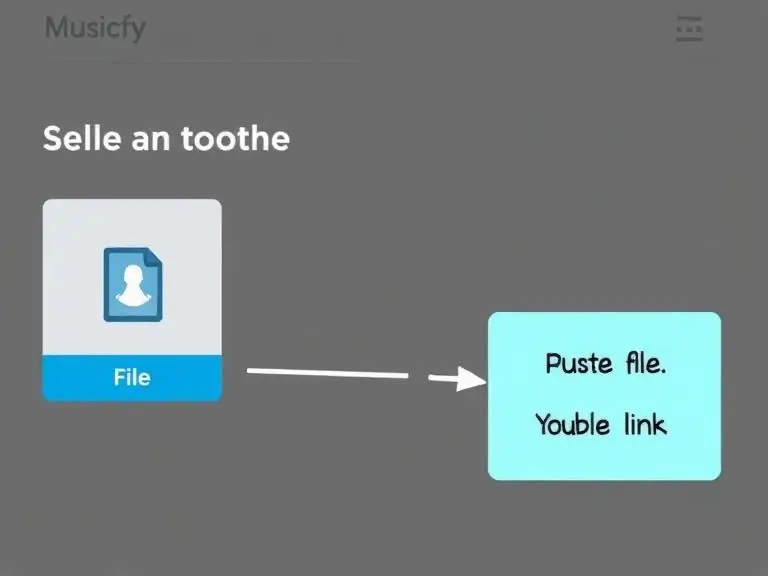 A user uploading an audio file or pasting a YouTube link into the Musicfy platform, with visual focus on the upload button and link input field.
