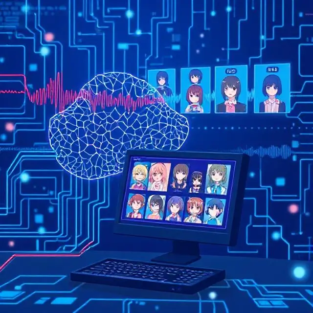 "An illustration of an AI system analyzing a script and generating anime character voices. The AI should be depicted as a digital neural network with voice waveforms, and various character designs on the screen. The focus should be on the seamless integration of AI technology with voice acting, showing how the software mimics human speech patterns."