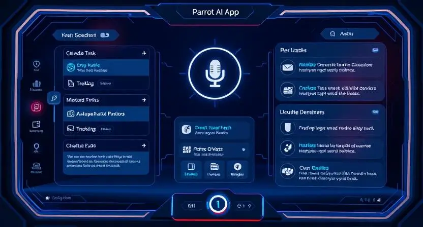 A futuristic AI assistant interface showcasing Parrot AI App in action, helping a user schedule tasks, analyze emails, and integrate with multiple devices.