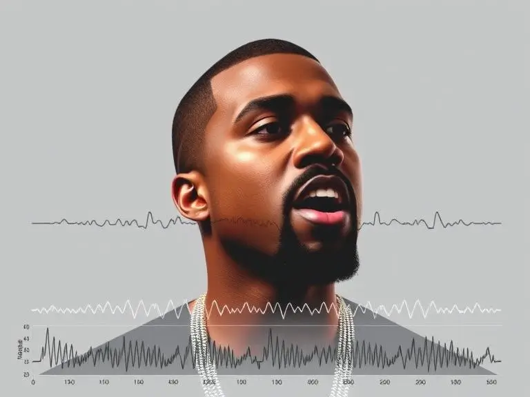 A visual representation of an AI model analyzing Kanye West’s voice, showing data analysis and soundwave patterns that replicate his vocal style.