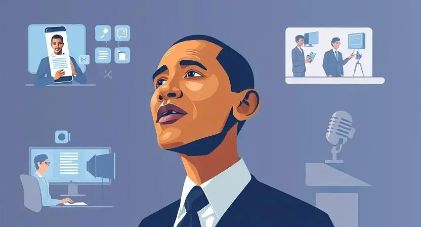 "Illustrate Obama AI Voice being used in different contexts, such as a virtual assistant, media production, and a speech setting, showing its versatility across various applications."