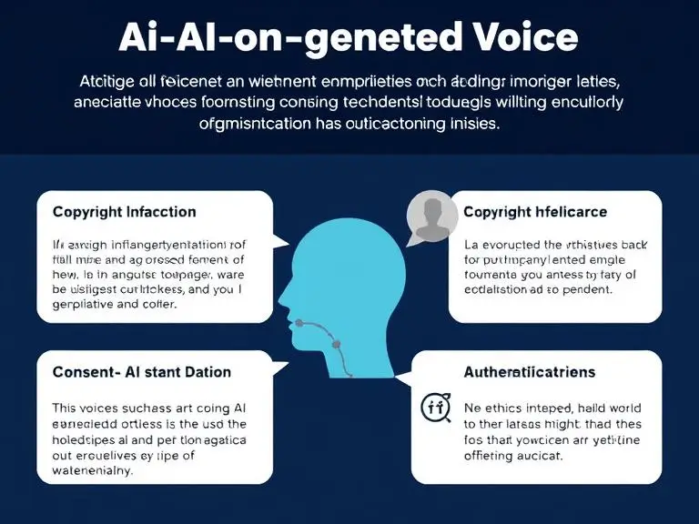 An infographic showing the ethical concerns around AI-generated voices, such as copyright infringement, consent, and authenticity.