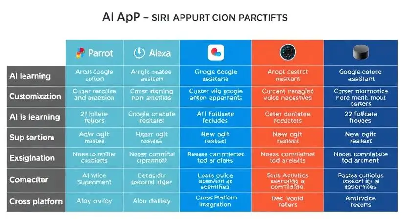 A side-by-side comparison chart displaying Parrot AI App vs. Google Assistant, Siri, and Alexa, highlighting key features like voice customization, AI learning, and cross-platform integration.