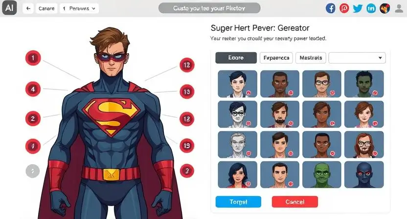 "Generate an image of an AI superhero generator interface where users are customizing their superhero’s appearance and powers, showing various options for personalization."