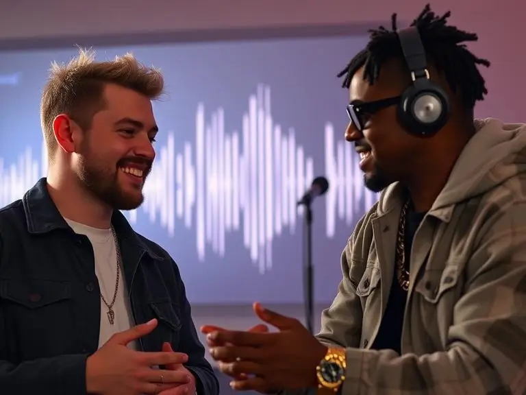An image of two content creators collaborating, with Kanye West’s AI voice in the background of a remix project, highlighting the creative process.
