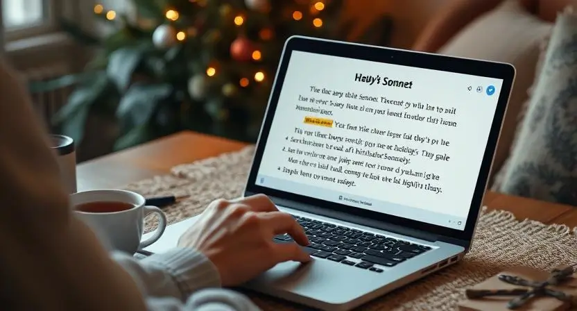 An image of a person writing a personalized sonnet using an AI tool on their laptop for a birthday gift, with a cup of tea nearby and a cozy atmosphere.