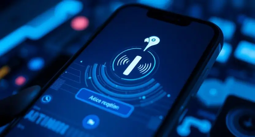 A futuristic AI assistant interface on a smartphone screen, displaying voice recognition in action, with a waveform animation and a digital parrot logo representing the Parrot AI App.