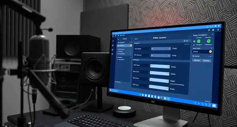 A professional sound studio setup with an AI voice generator running on a computer screen, fine-tuning voice clarity settings.