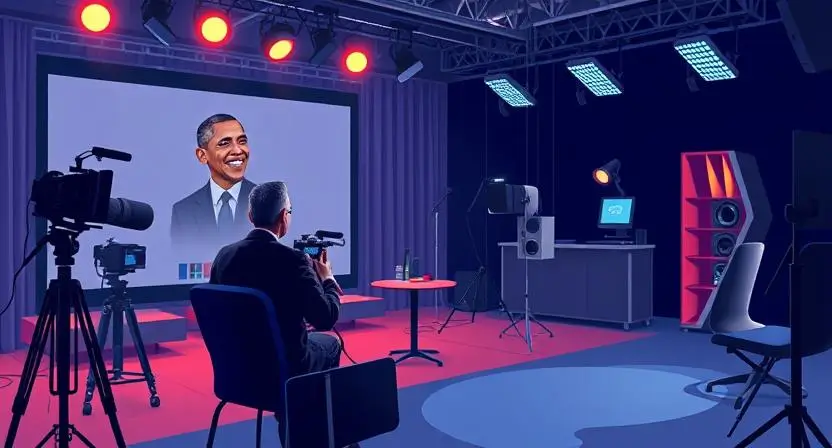 "Create an illustration of a film set or a video game studio with Barack Obama’s AI voice being used for voiceovers, showcasing entertainment professionals working with AI technology."