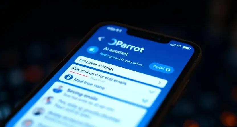 A futuristic AI assistant interface on a smartphone, where the Parrot AI App is helping a user schedule meetings and analyze emails in real time.