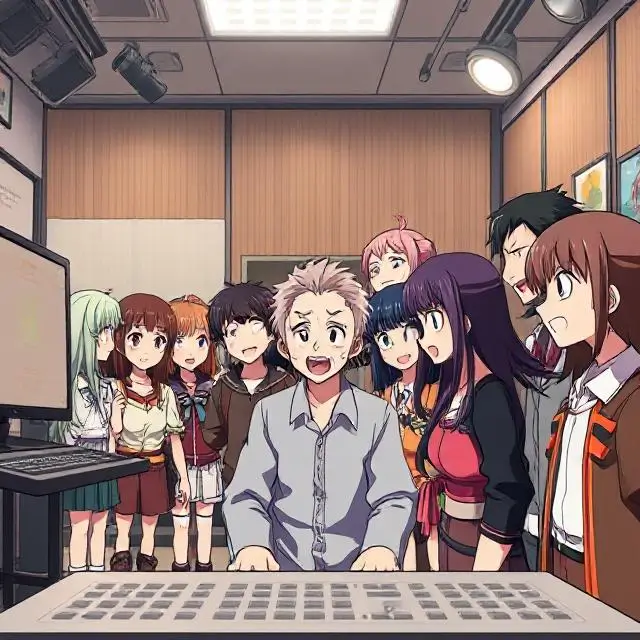 "An anime studio where an AI voice software is being used to generate multiple character voices. The image should show a group of anime characters with various emotions and styles being voiced by the AI. The scene should highlight the efficiency and scalability of AI technology, with fast-paced animation work and cost-saving benefits in the studio environment."