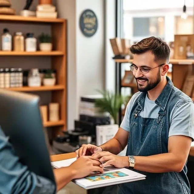 An image showing a small business owner using an AI design tool and integrating the design with a print-on-demand service. The image should highlight the affordability and simplicity of the process, with no upfront costs or inventory.