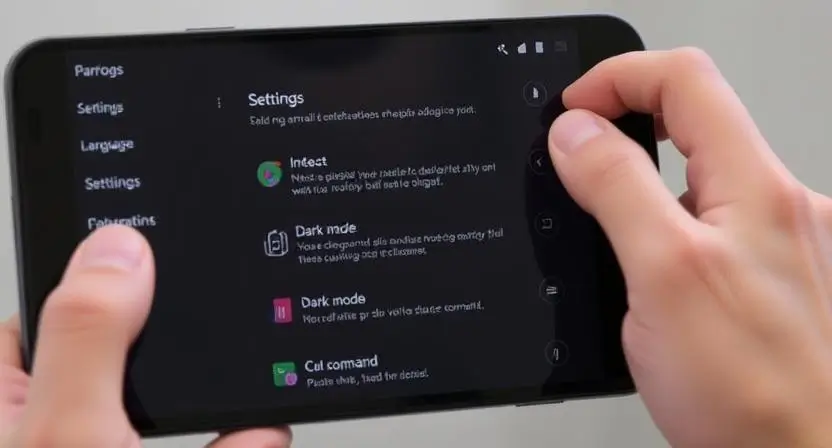 A user navigating through the Parrot AI App settings menu, adjusting language preferences, enabling dark mode, and customizing voice commands.