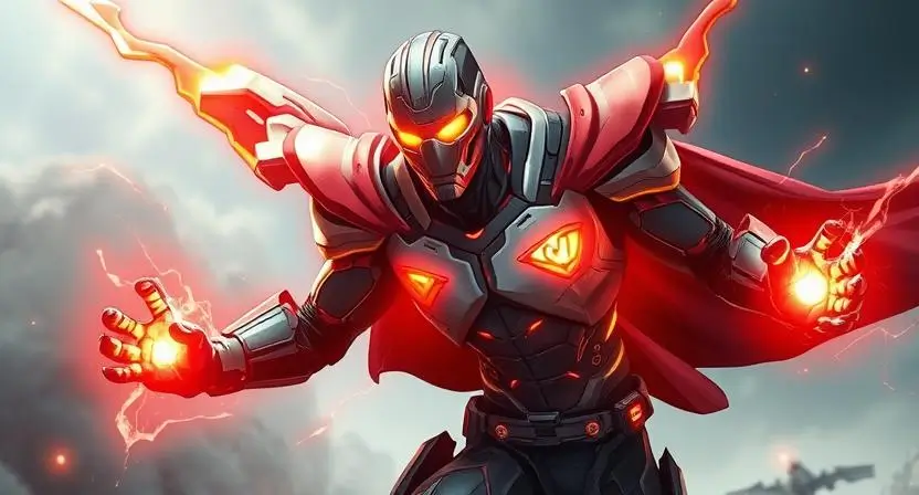 "Generate an image of a superhero with a blend of modern tech and supernatural elements, highlighting both their powers and distinctive visual design."