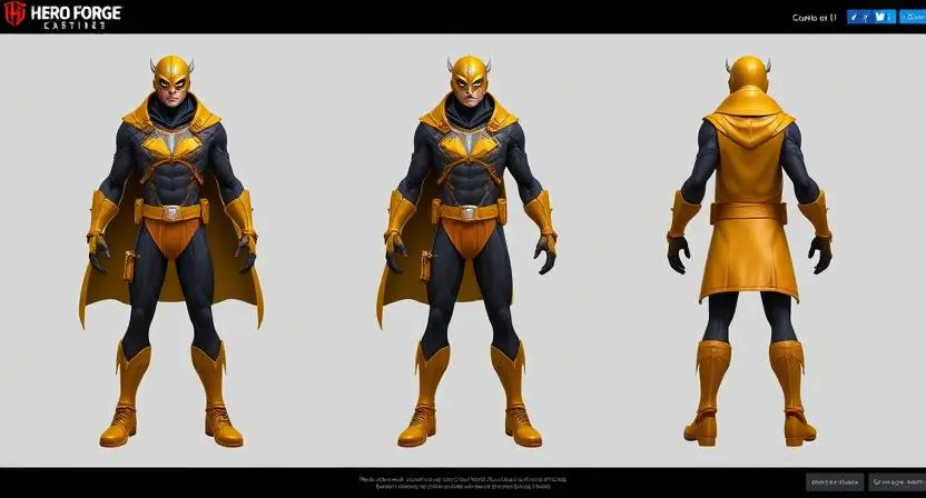 "Create an image of a superhero 3D model designed on Hero Forge, showcasing detailed costume design and accessories."