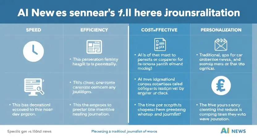 "An infographic comparing the speed, efficiency, cost-effectiveness, and personalization benefits of AI news generation versus traditional journalism. Use icons and clear labels to highlight each advantage."