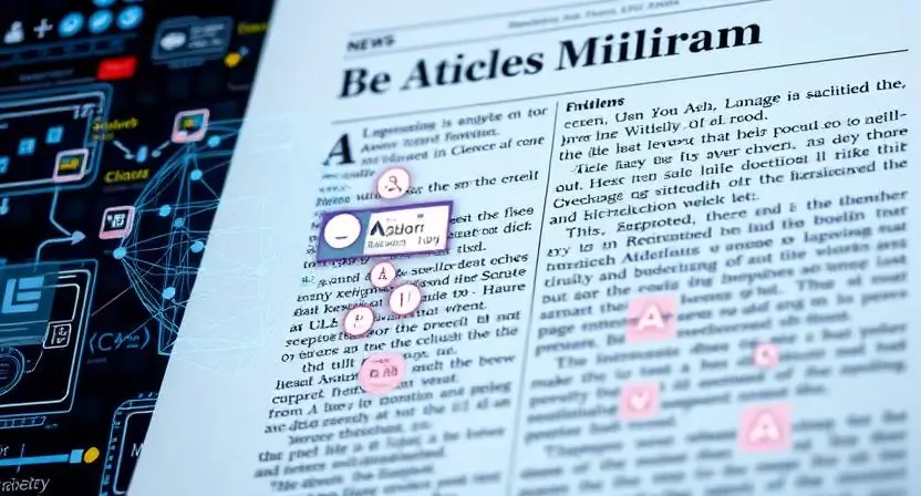 "A digital representation of an AI processing a news article with an overlay showing NLP analysis. The image should include visual elements like language processing diagrams, algorithms, and human-readable text being transformed by the AI system."