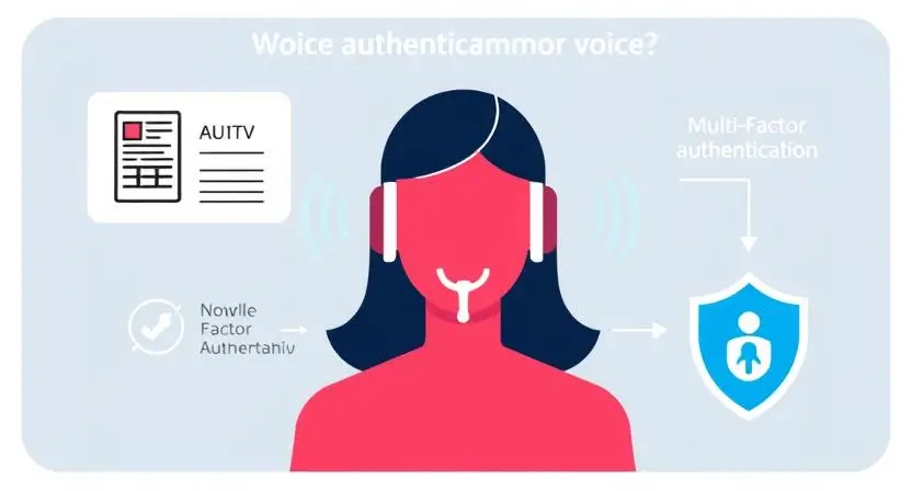 "Illustrate a voice authentication process where a user’s voice is verified through multi-factor authentication and biometrics, with a security shield icon representing protection against voice impersonation."