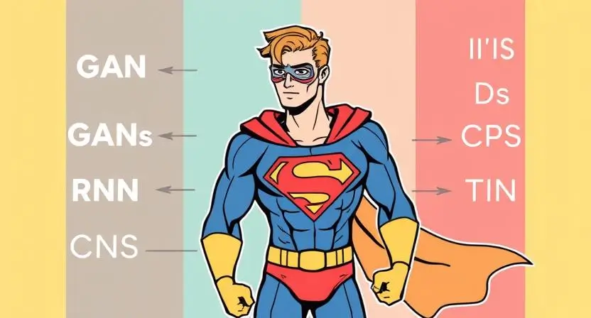"Create an image showing a diagram of AI technologies like GANs, RNNs, and CNNs working together to create a superhero character."